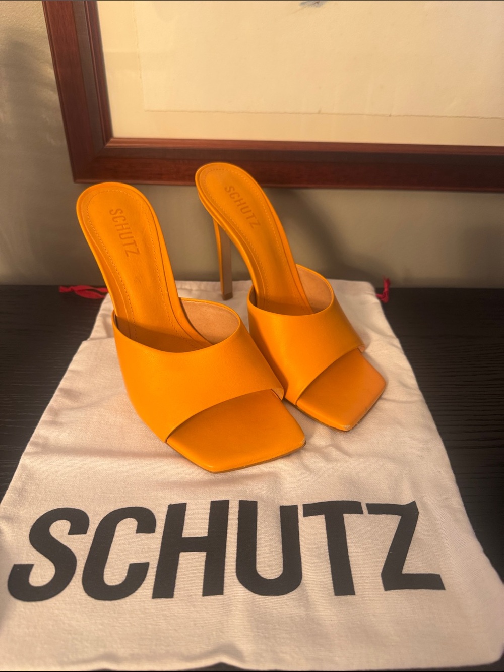 SCHUTZ Orange Open-Toe Stiletto Mule Heels